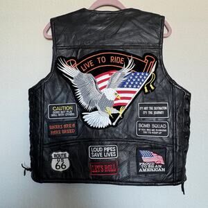 Buffalo Leather Biker Vest Men’s Large Diamond Plate USA Flag Eagle Patch Club